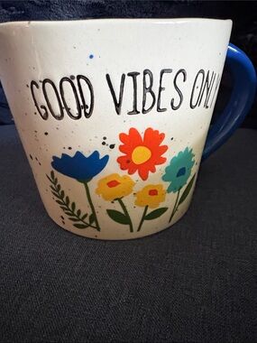 Ceramic Mug with 'Good Vibes Only' and Colorful Floral Print - Blue Handle